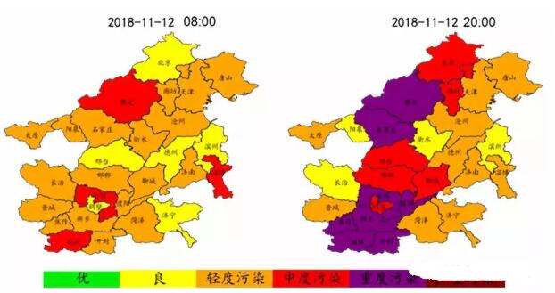 图1 “2+26”城市11月12日典型时段PM2.5浓度分布图