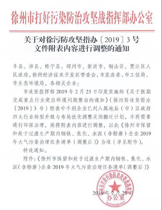 《徐州处于保留和过渡期内钢铁、水泥、焦化企业2019年大气污染治理任务清单》